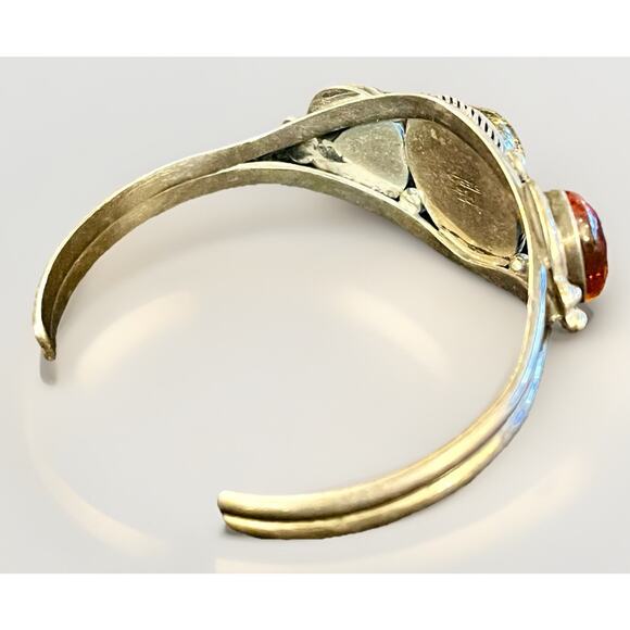 Signed Navajo Sterling Silver Amber Gemstone Cuff Bracelet 925 Native American - Picture 5 of 15